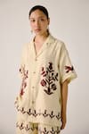 Buy_Cord_Ivory Linen Embroidery, Applique Collared Bird Block Print Shirt And Shorts Set 