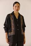 Buy_Cord_Black Linen Embroidery Collared Floral Scallop Shirt _at_Aza_Fashions