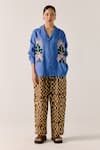Cord_Blue Linen Applique Collared Embellished Floral Shirt _Online_at_Aza_Fashions