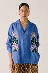 Buy_Cord_Blue Linen Applique Collared Embellished Floral Shirt _at_Aza_Fashions