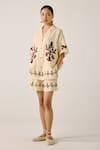 Buy_Cord_Ivory Linen Embroidery Collared Block Print Bird Applique Shirt _Online_at_Aza_Fashions
