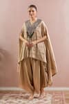 Buy_Prisho_Gold Embroidered Floral V Neck Kaftan And Draped Pant _at_Aza_Fashions