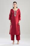 Buy_Samyukta Singhania_Maroon Kurta And Pant Raw Silk Embroidered Beads Round Dabka Set _Online_at_Aza_Fashions