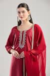 Samyukta Singhania_Maroon Kurta And Pant Raw Silk Embroidered Beads Round Dabka Set _at_Aza_Fashions