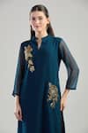 Naintara Bajaj_Blue Georgette Beads Mandarin Collar Glass Embroidered Kurta _Online_at_Aza_Fashions
