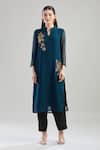 Naintara Bajaj_Blue Georgette Beads Mandarin Collar Glass Embroidered Kurta _at_Aza_Fashions