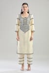 Buy_Samyukta Singhania_Cream Kurta And Pant Raw Silk Embroidered Aari Work Scoop Set _Online_at_Aza_Fashions