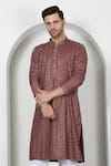 Aham-Vayam_Brown Cotton Embroidery Thread Chevron Kurta Set _at_Aza_Fashions
