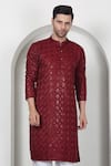 Aham-Vayam_Red Cotton Sequins, Embroidery Kurta Set _Online_at_Aza_Fashions