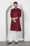 Shop_Aham-Vayam_Red Cotton Sequins, Embroidery Kurta Set _Online_at_Aza_Fashions