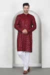 Buy_Aham-Vayam_Red Cotton Sequins, Embroidery Kurta Set _at_Aza_Fashions
