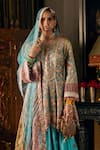 Shop_Rimple And Harpreet Narula_Blue Tulle Pearls, Sequins Round Neck Floral Embroidered Kurta Sharara Set _at_Aza_Fashions