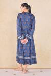 Shop_Grassroot By Anita Dongre_Blue Viscose, Modal Embroidery Round Neck Floral Ajrakh Print Midi Dress _at_Aza_Fashions