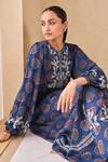 Shop_Grassroot By Anita Dongre_Blue Viscose, Modal Embroidery Round Neck Floral Ajrakh Print Midi Dress _Online_at_Aza_Fashions