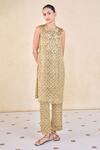 Buy_Grassroot By Anita Dongre_Yellow Viscose, Modal Embroidery Keyhole Neck Ajrakh Print Kurta Set _Online_at_Aza_Fashions