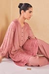 Grassroot By Anita Dongre_Pink Viscose, Silk Embroidery Round Neck Floral Print Kurta And Pant Set _Online_at_Aza_Fashions