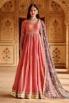 Buy_Lashkaraa_Coral Silk, Organza Gota Patti, Zari, Sequins, Mirrors, Embroidery Anarkali Set _at_Aza_Fashions