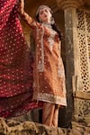Buy_Lashkaraa_Brown Silk, Brocade Zari, Sequins V-neck Floral Embroidered Kurta Set _Online_at_Aza_Fashions