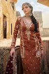 Shop_Lashkaraa_Brown Silk, Brocade Zari, Sequins V-neck Floral Embroidered Kurta Set _Online_at_Aza_Fashions