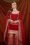 Lashkaraa_Red Velvet, Brocade, Net Embroidery, Sequins, Zari Round Neck Kurta Sharara Set_Online_at_Aza_Fashions
