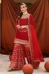 Buy_Lashkaraa_Red Velvet, Brocade, Net Embroidery, Sequins, Zari Round Neck Kurta Sharara Set_Online_at_Aza_Fashions