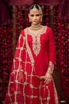 Buy_Lashkaraa_Red Satin, Net Zari, Sequins Asymmetric Floral Embroidered Kurta Set _Online_at_Aza_Fashions