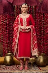 Buy_Lashkaraa_Red Satin, Net Zari, Sequins Asymmetric Floral Embroidered Kurta Set _at_Aza_Fashions