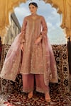 Shop_Lashkaraa_Pink Net, Silk Sequins, Stones, Zari V-neck Floral Embroidered Kurta Palazzo Set _Online_at_Aza_Fashions