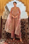 Buy_Lashkaraa_Pink Net, Silk Sequins, Stones, Zari V-neck Floral Embroidered Kurta Palazzo Set _at_Aza_Fashions