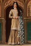 Buy_Lashkaraa_Gold Satin, Silk Zari, Sequins V-neck Floral Embroidered Kurta Sharara Set _at_Aza_Fashions