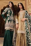 Lashkaraa_Gold Satin, Silk Zari, Sequins V-neck Floral Embroidered Kurta Sharara Set _at_Aza_Fashions