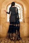Lashkaraa_Blue Satin, Silk Sequins, Zari, Embroidery Asymmetric Floral Kurta Sharara Set _Online_at_Aza_Fashions