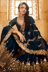 Shop_Lashkaraa_Blue Satin, Silk Sequins, Zari, Embroidery Asymmetric Floral Kurta Sharara Set _Online_at_Aza_Fashions