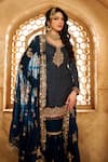 Lashkaraa_Blue Satin, Silk Sequins, Zari, Embroidery Asymmetric Floral Kurta Sharara Set _at_Aza_Fashions