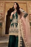 Shop_Lashkaraa_Green Net, Satin Sequins, Embroidery, Zari Collared Floral Kurta Sharara Set _Online_at_Aza_Fashions