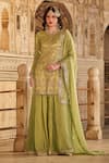 Buy_Lashkaraa_Green Net, Georgette Sequins, Zari Round Floral Embroidered Kurta Sharara Set _at_Aza_Fashions