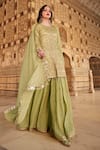 Shop_Lashkaraa_Green Net, Georgette Sequins, Zari Round Floral Embroidered Kurta Sharara Set _Online_at_Aza_Fashions