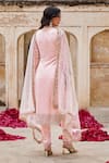 Lashkaraa_Pink Net, Satin Sequins, Zari Split V-neck Floral Embroidered Kurta Set _Online_at_Aza_Fashions