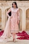 Buy_Lashkaraa_Pink Net, Satin Sequins, Zari Split V-neck Floral Embroidered Kurta Set _at_Aza_Fashions