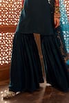 Buy_Lashkaraa_Blue Satin, Net Zari, Sequins Split V-neck Floral Embroidered Kurta Sharara Set _Online_at_Aza_Fashions