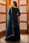 Lashkaraa_Blue Satin, Net Zari, Sequins Split V-neck Floral Embroidered Kurta Sharara Set _Online_at_Aza_Fashions