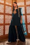 Lashkaraa_Blue Satin, Net Zari, Sequins Split V-neck Floral Embroidered Kurta Sharara Set _at_Aza_Fashions