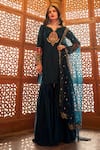 Buy_Lashkaraa_Blue Satin, Net Zari, Sequins Split V-neck Floral Embroidered Kurta Sharara Set _at_Aza_Fashions
