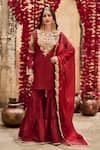 Buy_Lashkaraa_Maroon Silk, Net Embroidery, Sequins, Zari Split V-neck Kurta Gharara Set _at_Aza_Fashions