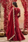 Lashkaraa_Maroon Silk, Net Embroidery, Sequins, Zari Split V-neck Kurta Gharara Set _Online_at_Aza_Fashions