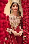 Shop_Lashkaraa_Maroon Silk, Net Embroidery, Sequins, Zari Split V-neck Kurta Gharara Set _Online_at_Aza_Fashions