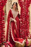 Lashkaraa_Maroon Silk, Net Embroidery, Sequins, Zari Split V-neck Kurta Gharara Set _at_Aza_Fashions