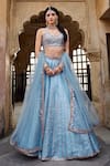Lashkaraa_Blue Organza, Net Embroidery, Sequins, Zari Round Neck Floral Lehenga Set _at_Aza_Fashions