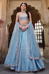 Buy_Lashkaraa_Blue Organza, Net Embroidery, Sequins, Zari Round Neck Floral Lehenga Set _at_Aza_Fashions