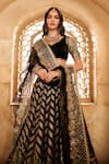 Buy_Lashkaraa_Black Organza, Net Zari, Sequins V-neck Chevron Embroidered Lehenga Set _Online_at_Aza_Fashions